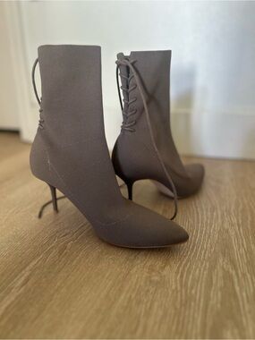 Zara Chocolate Brown Knit Lace-Up Sock Stiletto Booties